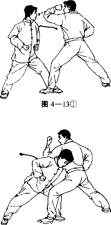 二、乙肘砸甲肩顶(图4—13①②)|少林三大名拳炮拳·大洪拳·六合拳